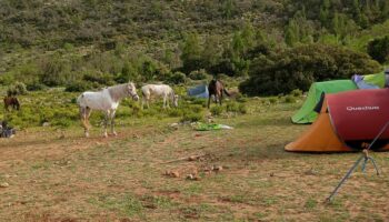 Horse camping in Atlas Mountains Morocco with tents and horses